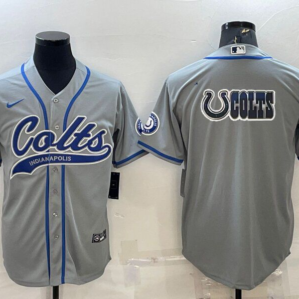 Men’s Indianapolis Colts Grey Team Big Logo With Patch Cool Base Stitched Baseball Jersey