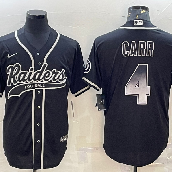 Men’s Las Vegas Raiders #4 Derek Carr Black Gold With Patch Smoke Cool Base Stitched Baseball Jersey