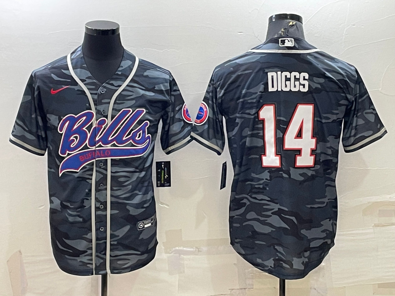 Men’s Buffalo Bills Blank #14 Stefon Diggs Grey Navy Camo With Patch Cool Base Stitched Baseball Jersey