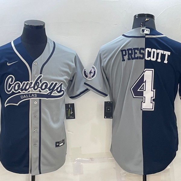 Men’s Dallas Cowboys #4 Dak Prescott Navy Blue Grey Two Tone With Patch Cool Base Stitched Baseball Jersey