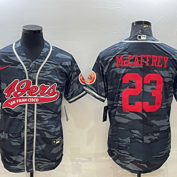 Men’s San Francisco 49ers #23 Christian McCaffrey Grey Camo With Patch Cool Base Stitched Baseball Jersey