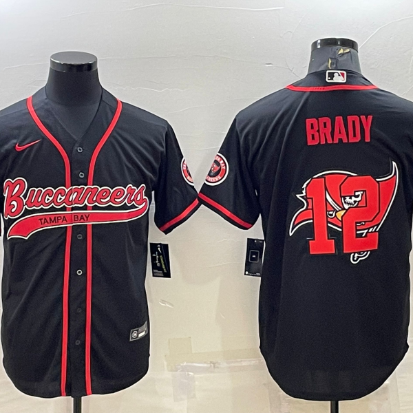 Men’s Tampa Bay Buccaneers #12 Tom Brady Black Team Big Logo With Patch Cool Base Stitched Baseball Jersey
