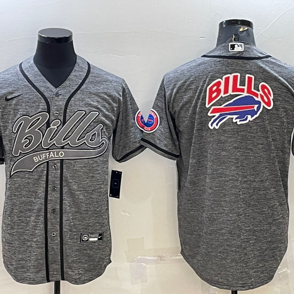 Men’s Buffalo Bills Grey Team Big Logo With Patch Cool Base Stitched Baseball Jersey