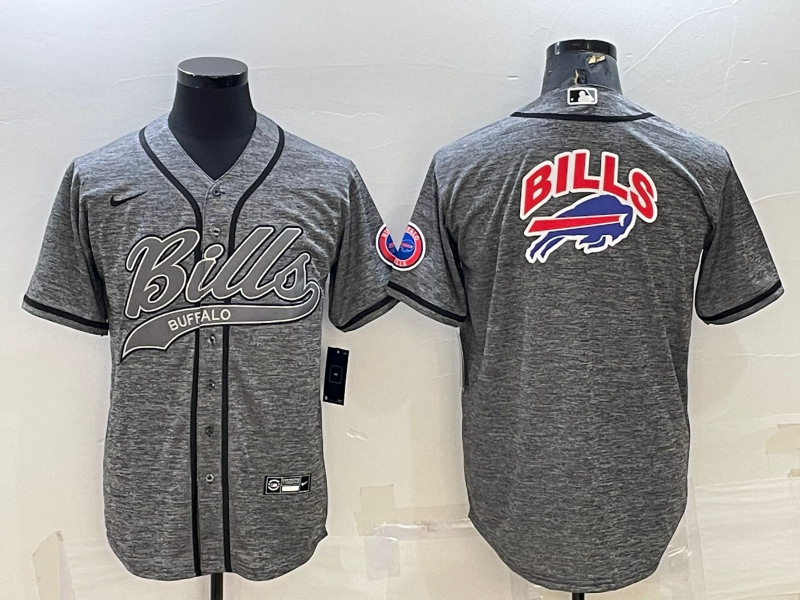 Men’s Buffalo Bills Grey Team Big Logo With Patch Cool Base Stitched Baseball Jersey