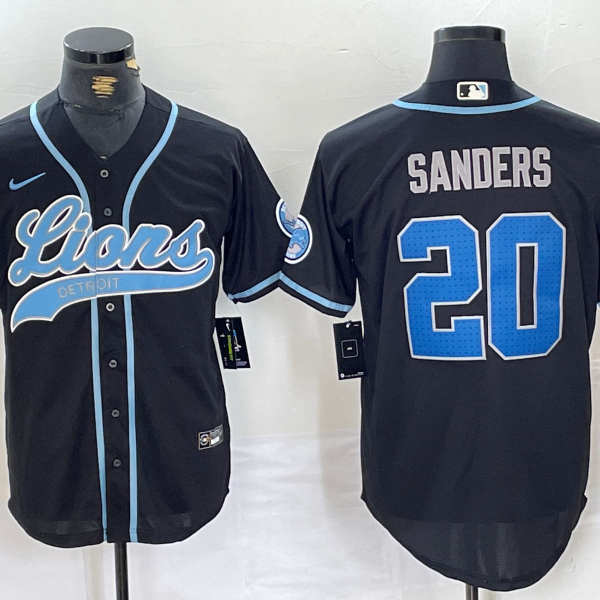 Men’s Detroit Lions #20 Barry Sanders Black With Patch Cool Base Stitched Baseball Jersey