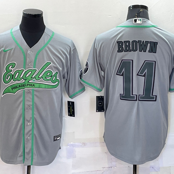 Men’s Philadelphia Eagles #11 AJ Brown Grey With Patch Cool Base Stitched Baseball Jersey