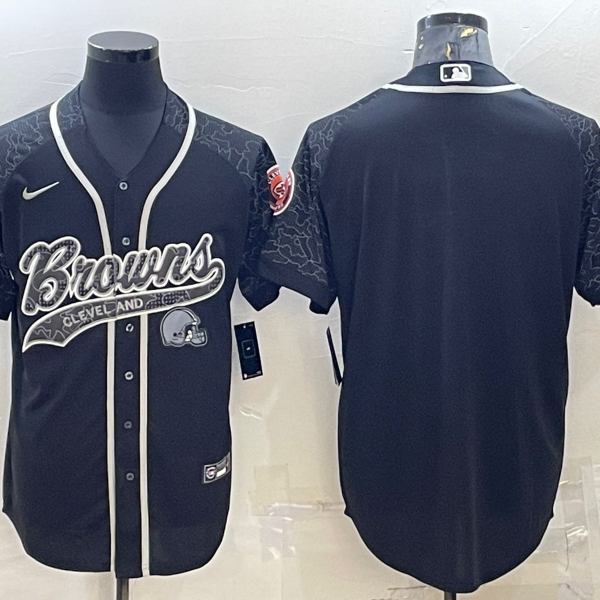 Men’s Cleveland Browns Blank Black Reflective With Patch Cool Base Stitched Baseball Jersey