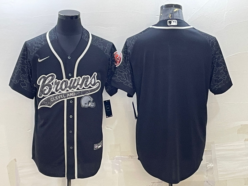 Men’s Cleveland Browns Blank Black Reflective With Patch Cool Base Stitched Baseball Jersey