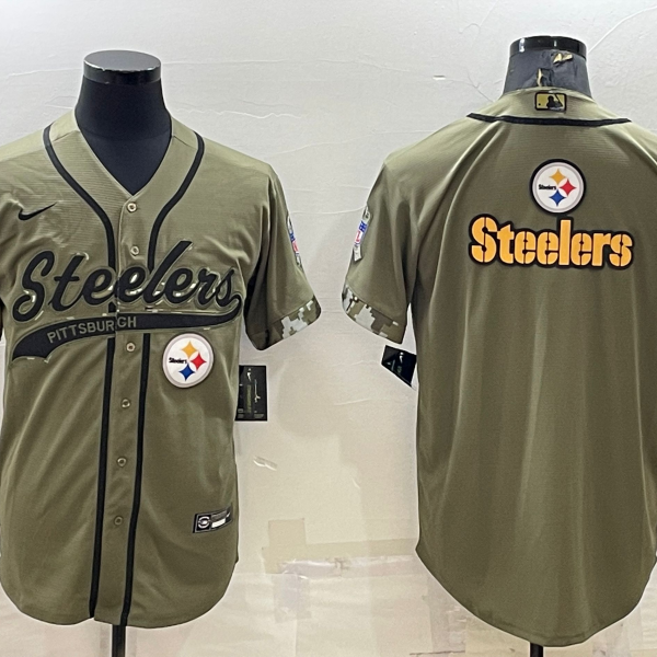 Men’s Pittsburgh Steelers Blank Olive Salute to Service Team Big Logo Cool Base Stitched Baseball Jersey