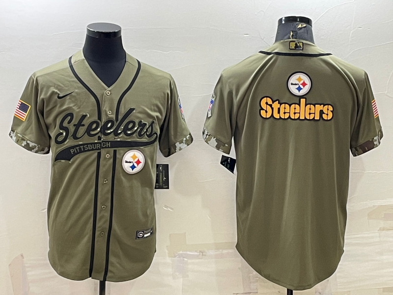 Men’s Pittsburgh Steelers Blank Olive Salute to Service Team Big Logo Cool Base Stitched Baseball Jersey