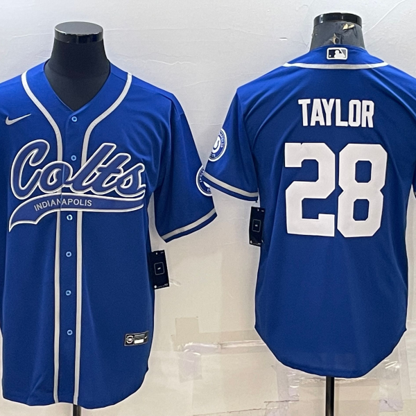 Men’s Indianapolis Colts #28 Jonathan Taylor Blue With Patch Cool Base Stitched Baseball Jersey