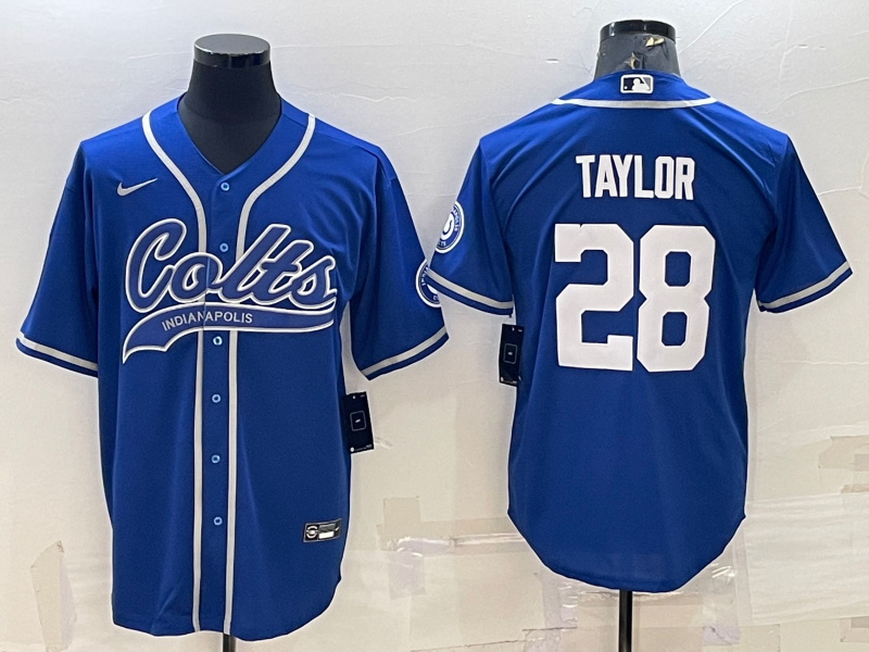 Men’s Indianapolis Colts #28 Jonathan Taylor Blue With Patch Cool Base Stitched Baseball Jersey
