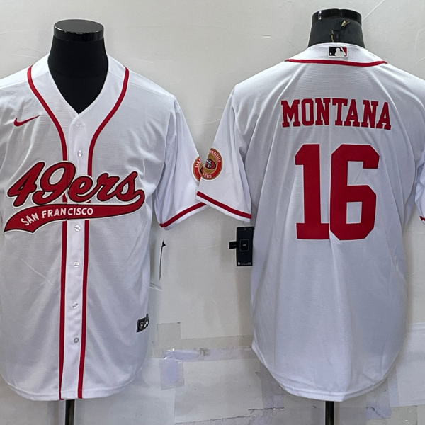 Men’s San Francisco 49ers #16 Joe Montana White With Patch Cool Base Stitched Baseball Jersey