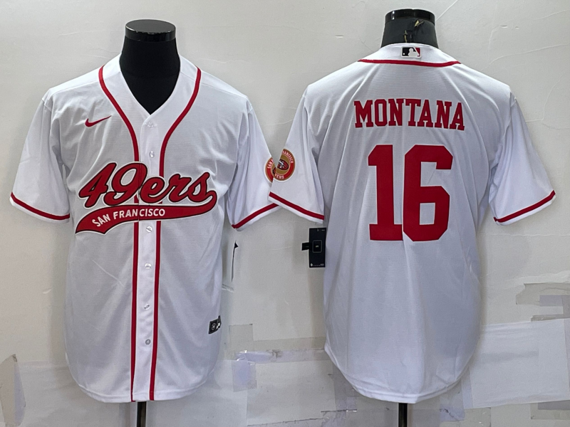 Men’s San Francisco 49ers #16 Joe Montana White With Patch Cool Base Stitched Baseball Jersey