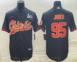 Men’s Kansas City Chiefs #95 Chris Jones Black Pinstripe With Super Bowl LVII Patch Cool Base Stitched Baseball Jersey
