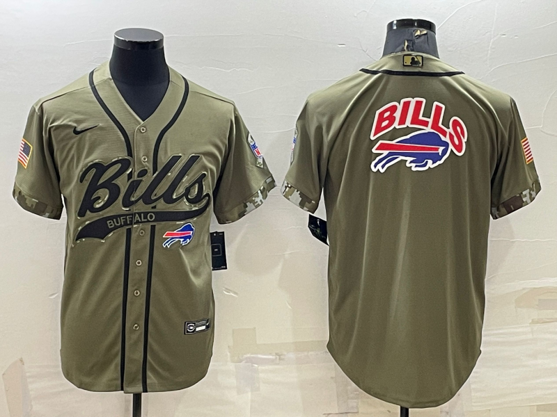 Men’s Buffalo Bills Olive Salute to Service Team Big Logo Cool Base Stitched Baseball Jersey