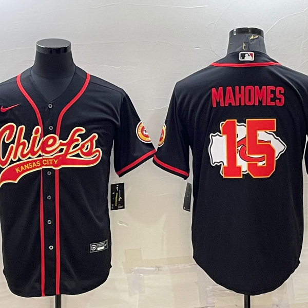 Men’s Kansas City Chiefs #15 Patrick Mahomes Black Team Big Logo With Patch Cool Base Stitched Baseball Jersey