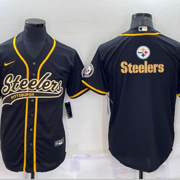 Men’s Pittsburgh Steelers Black Team Big Logo With Patch Cool Base Stitched Baseball Jersey