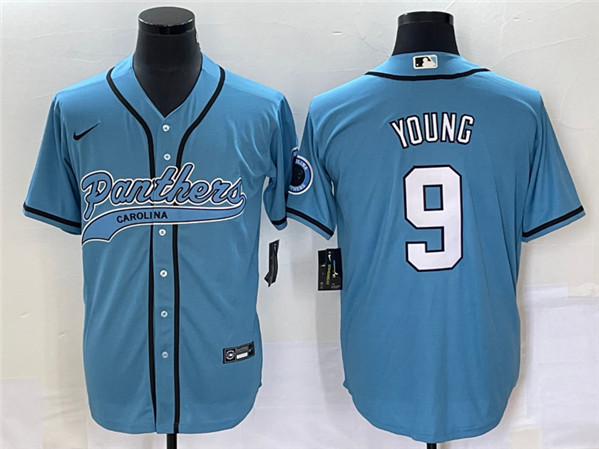 Men’s Carolina Panthers #9 Bryce Young Blue With Patch Cool Base Stitched Baseball Jersey