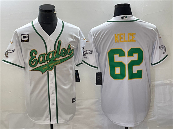 Men’s Philadelphia Eagles #62 Jason Kelce White Gold With C Patch Cool Base Baseball Stitched Jersey