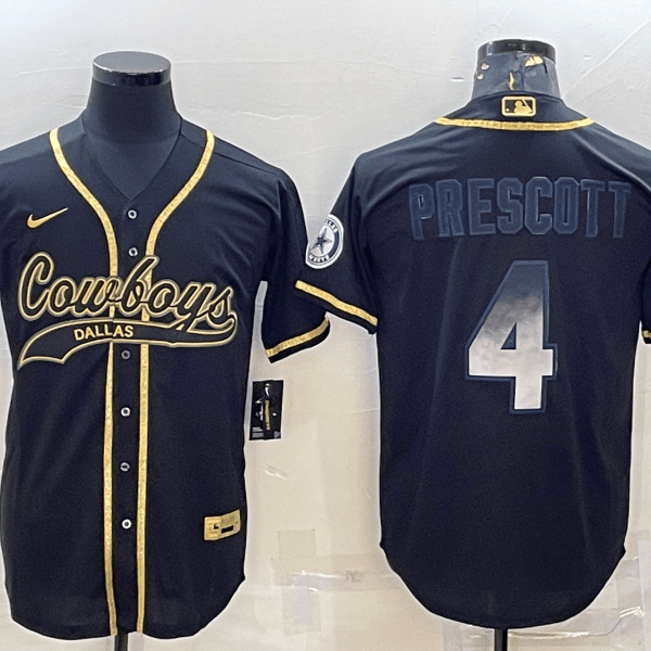 Men’s Dallas Cowboys #4 Dak Prescott Black Gold With Patch Smoke Cool Base Stitched Baseball Jersey