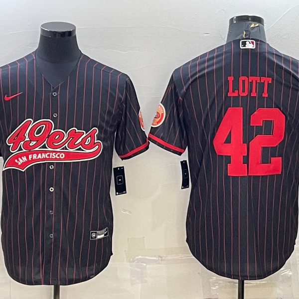 Men’s San Francisco 49ers #42 Ronnie Lott Black Pinstripe With Patch Cool Base Stitched Baseball Jersey
