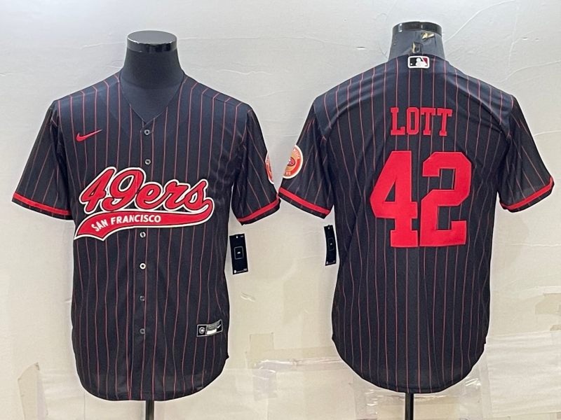 Men’s San Francisco 49ers #42 Ronnie Lott Black Pinstripe With Patch Cool Base Stitched Baseball Jersey