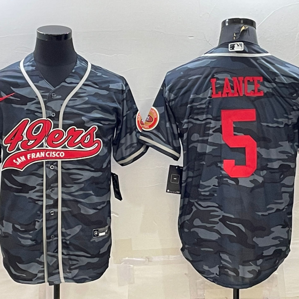Men’s San Francisco 49ers #5 Trey Lance Grey Camo With Patch Cool Base Stitched Baseball Jersey