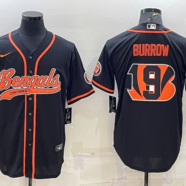 Men’s Cincinnati Bengals #9 Joe Burrow Black Team Big Logo With Patch Cool Base Stitched Baseball Jersey