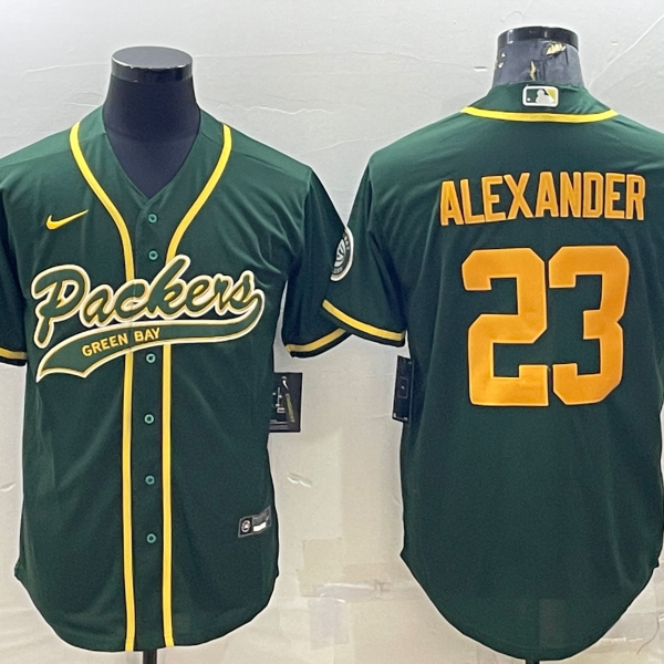 Men’s Green Bay Packers #23 Jaire Alexander Green Gold With Patch Cool Base Stitched Baseball Jersey