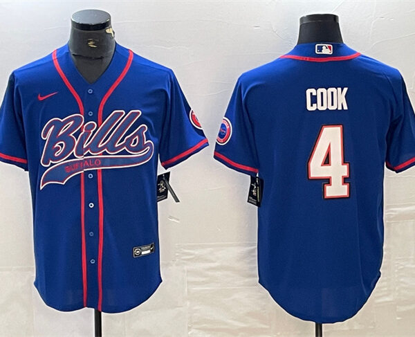 Men’s Buffalo Bills #4 James Cook Blue With Patch Cool Base Stitched Baseball Jersey