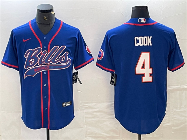Men’s Buffalo Bills #4 James Cook Blue With Patch Cool Base Stitched Baseball Jersey