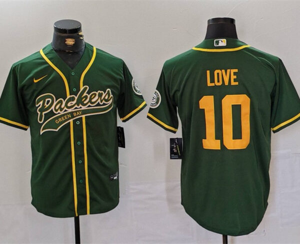 Men’s Green Bay Packers #10 Jordan Love Green Cool Base Stitched Baseball Jersey