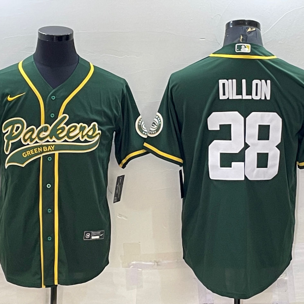 Men’s Green Bay Packers #28 AJ Dillon Green With Patch Cool Base Stitched Baseball Jersey