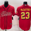 Men’s San Francisco 49ers #23 Christian McCaffrey Red Gold With Patch Cool Base Stitched Baseball Jersey