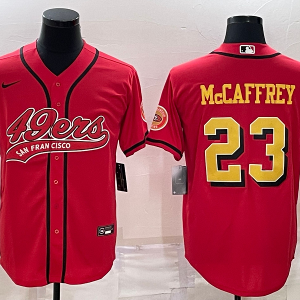 Men’s San Francisco 49ers #23 Christian McCaffrey Red Gold With Patch Cool Base Stitched Baseball Jersey