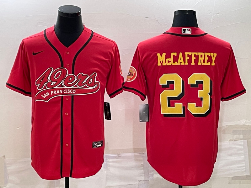 Men’s San Francisco 49ers #23 Christian McCaffrey Red Gold With Patch Cool Base Stitched Baseball Jersey