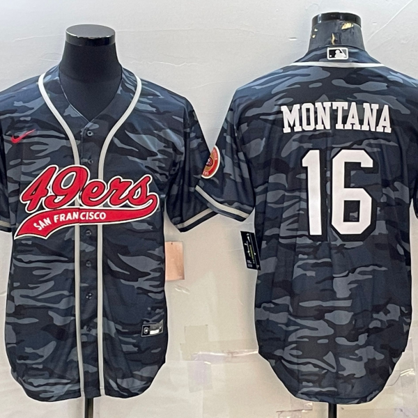 Men’s San Francisco 49ers #16 Joe Montana Grey Camo With Patch Cool Base Stitched Baseball Jersey