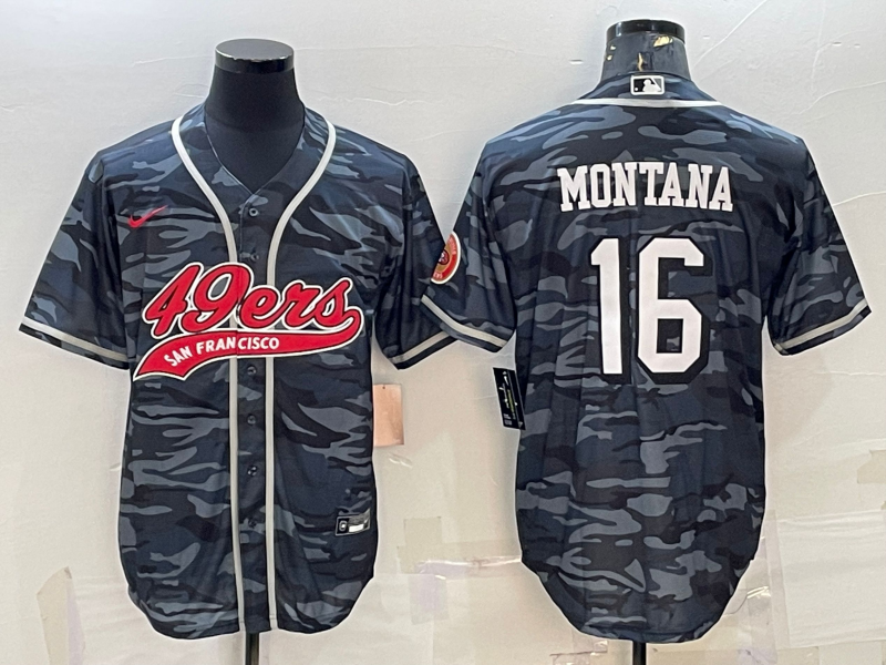 Men’s San Francisco 49ers #16 Joe Montana Grey Camo With Patch Cool Base Stitched Baseball Jersey
