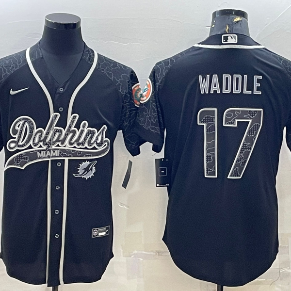 Men’s Miami Dolphins #17 Jaylen Waddle Black Reflective With Patch Cool Base Stitched Baseball Jersey