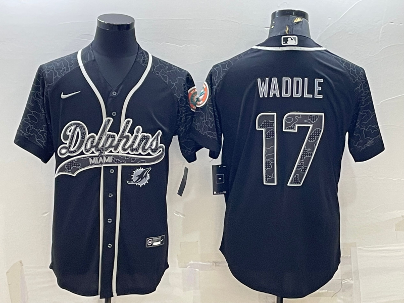 Men’s Miami Dolphins #17 Jaylen Waddle Black Reflective With Patch Cool Base Stitched Baseball Jersey