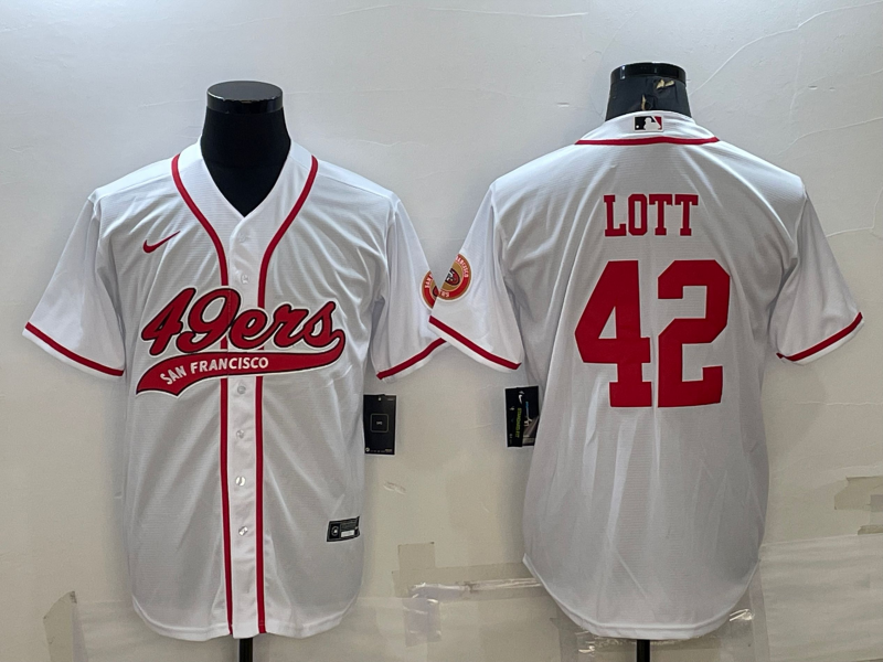 Men’s San Francisco 49ers #42 Ronnie Lott White With Patch Cool Base Stitched Baseball Jersey
