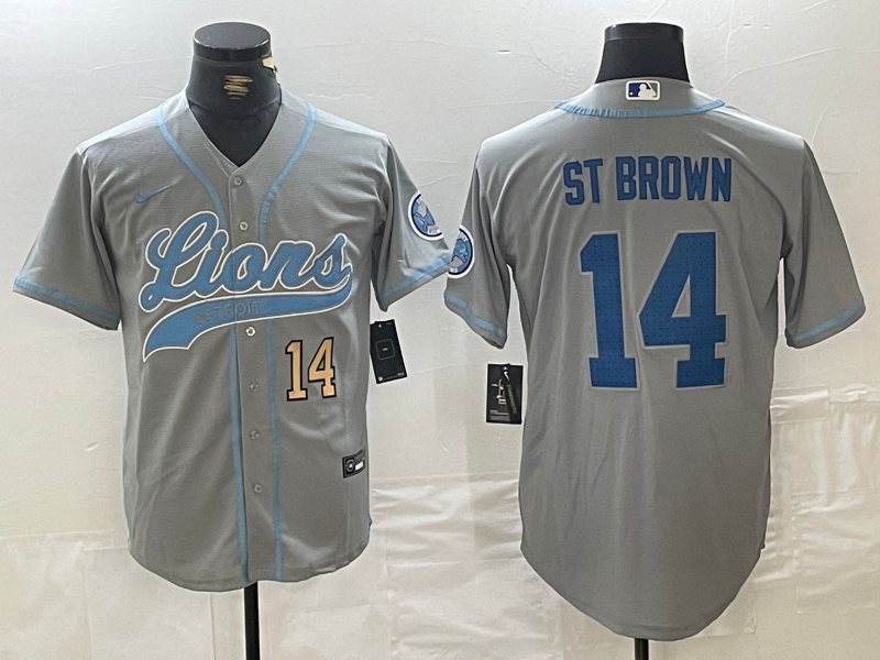 Men’s Detroit Lions #14 Amon-Ra St. Brown Number Gray Cool Base Stitched Baseball Jerseys