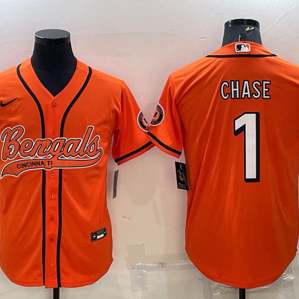 Men’s Cincinnati Bengals #1 JaMarr Chase Orange With Patch Cool Base Stitched Baseball Jersey