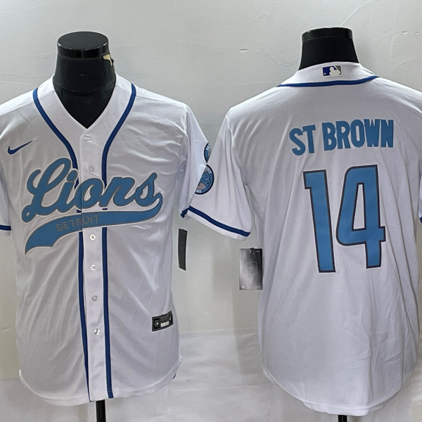 Men’s Detroit Lions #14 Amon Ra St Brown White With Patch Cool Base Stitched Baseball Jersey
