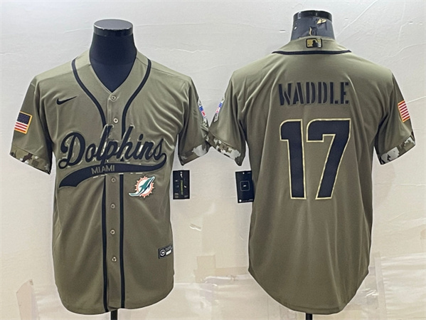 Men’s Miami Dolphins #17 Jaylen Waddle Olive 2022 Salute To Service Cool Base Stitched Baseball Jersey