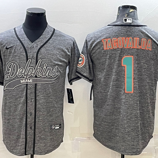 Men’s Miami Dolphins #1 Tua Tagovailoa Grey Gridiron With Patch Cool Base Stitched Baseball Jersey