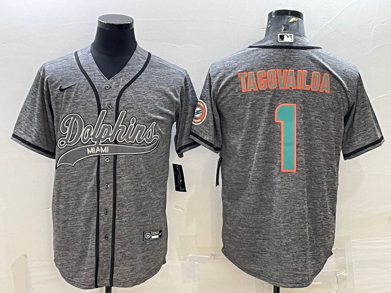 Men’s Miami Dolphins #1 Tua Tagovailoa Grey Gridiron With Patch Cool Base Stitched Baseball Jersey
