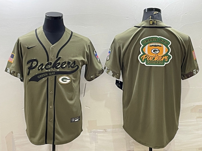 Men’s Green Bay Packers Olive Salute to Service Team Big Logo Cool Base Stitched Baseball Jersey