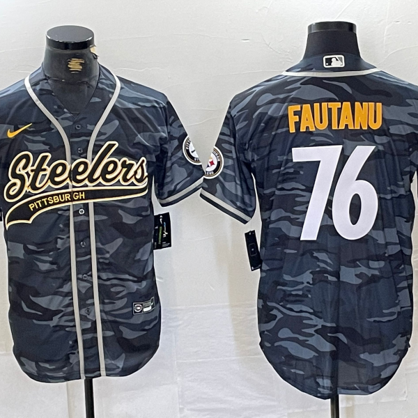 Men’s Pittsburgh Steelers #76 Troy Fautanu Grey Camo With Patch Cool Base Stitched Baseball Jersey